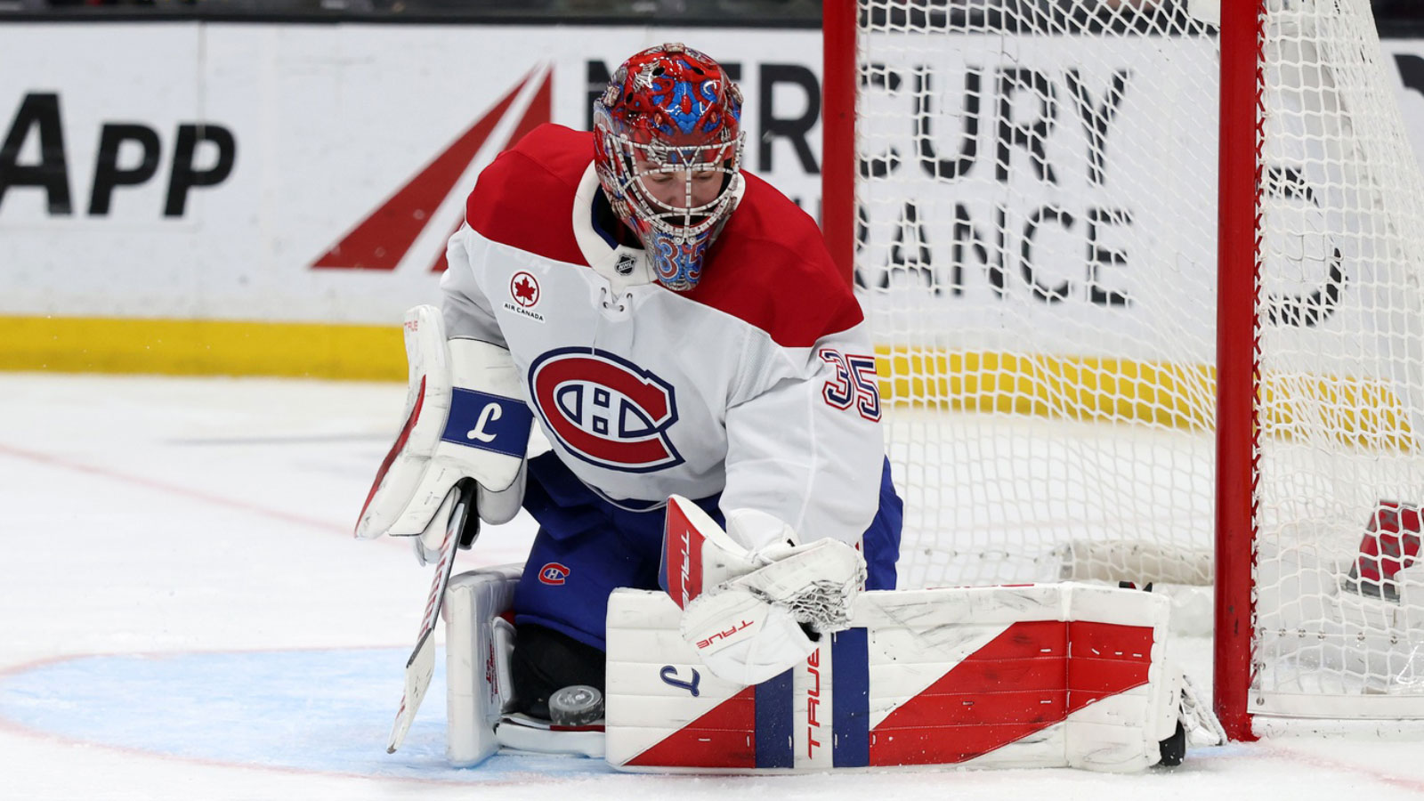 Montreal Canadiens goaltender Samuel Montembeault (35) makes a save during the second period against the Anaheim Ducks at Honda Center.