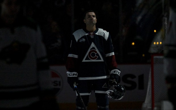 Nazem Kadri (91) of the Colorado Avalanche stands for the national anthem before the game against the Minnesota Wild at Ball Arena in Denver on Sunday, March 8, 2026. (Photo by AAron Ontiveroz/The Denver Post)