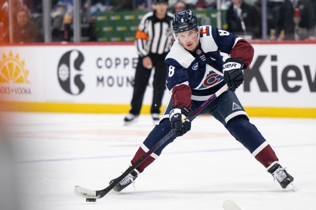 Defenseman Cale Makar (8) of the Colorado Avalanche passes cross-ice during the third period against the Dallas Stars on Wednesday, March 18, 2026, at Ball Arena in Denver. (Photo by Timothy Hurst/The Denver Post)