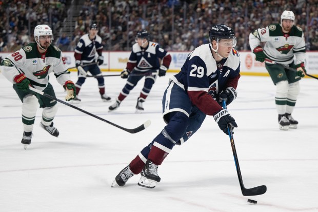Nathan MacKinnon (29) of the Colorado Avalanche takes the puck up-ice during a 5-2 loss to the Minnesota Wild on Thursday, Feb. 26, 2026, at Ball Arena in Denver. (Photo by Timothy Hurst/The Denver Post)