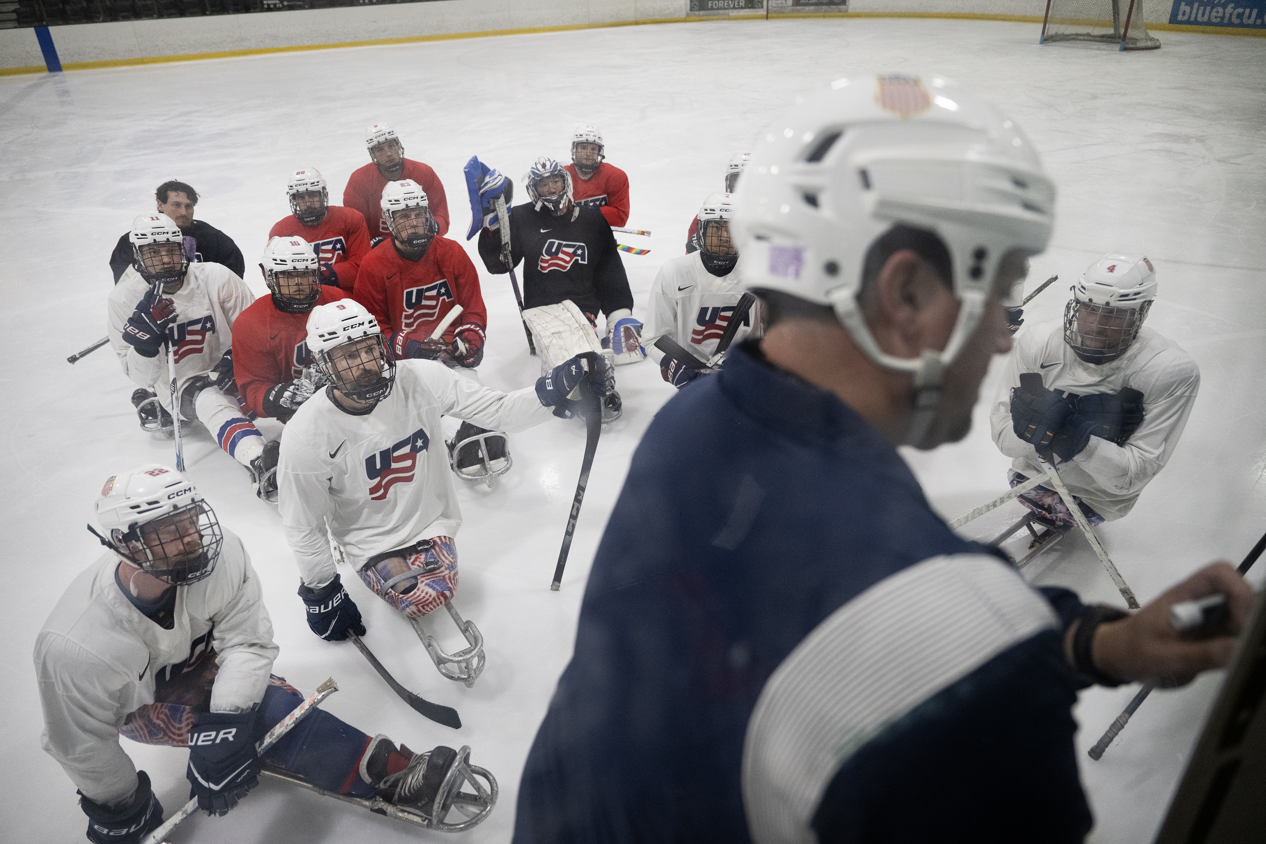 USA Sled Hockey team assistant coach Corey Gorder draws up a play during practice on Thursday, Feb. 5, 2026, at a Blue Sport Stable ice rink in Superior. (Photo by Timothy Hurst/The Denver Post)