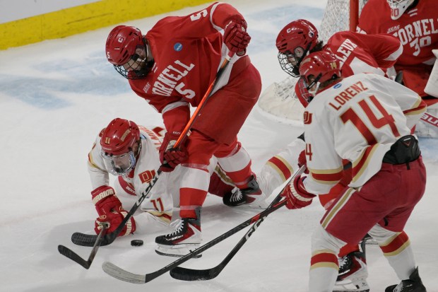 Denver's Samu Salminen (11), left, and Cornell's Hoyt Stanley (5) fight for the control of the puck during the first period of the NCAA West Regional at Blue Arena in Loveland on Friday, March 27, 2026. (Photo by Hyoung Chang/The Denver Post)