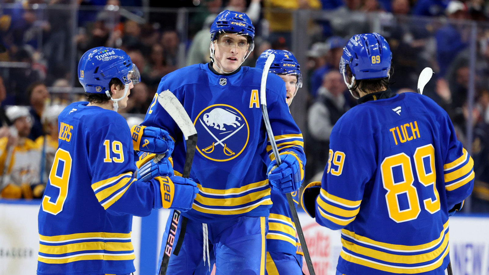 Buffalo Sabres center Tage Thompson (72) celebrates his goal with teammates during the second period against the Nashville Predators at KeyBank Center.