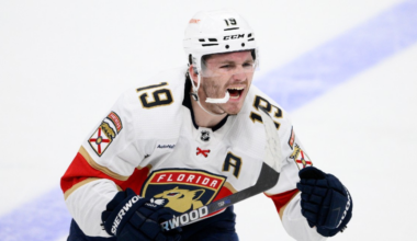 Matthew Tkachuk celebrating a goal for the Florida Panthers