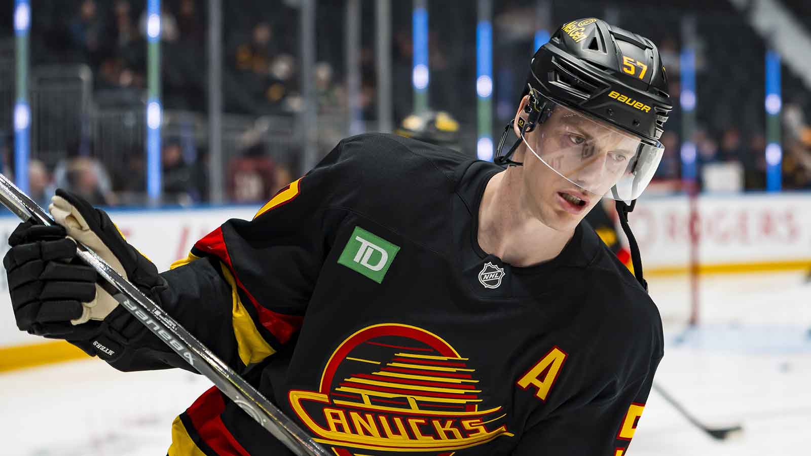 Vancouver Canucks defenseman Tyler Myers (57) skates in warm up prior to a game 