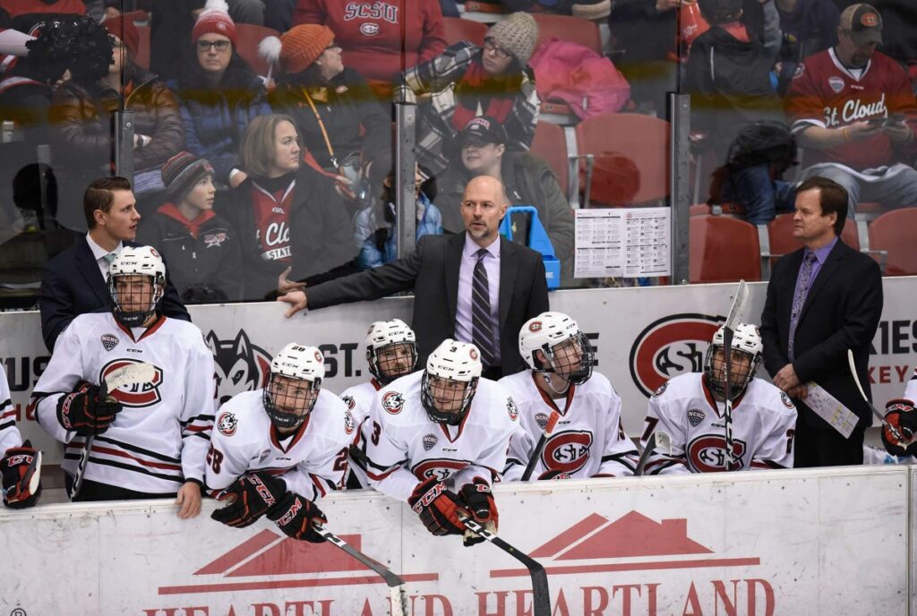 Brett Larson is pictured on the St. Cloud State bench watching a game in November of 2018.