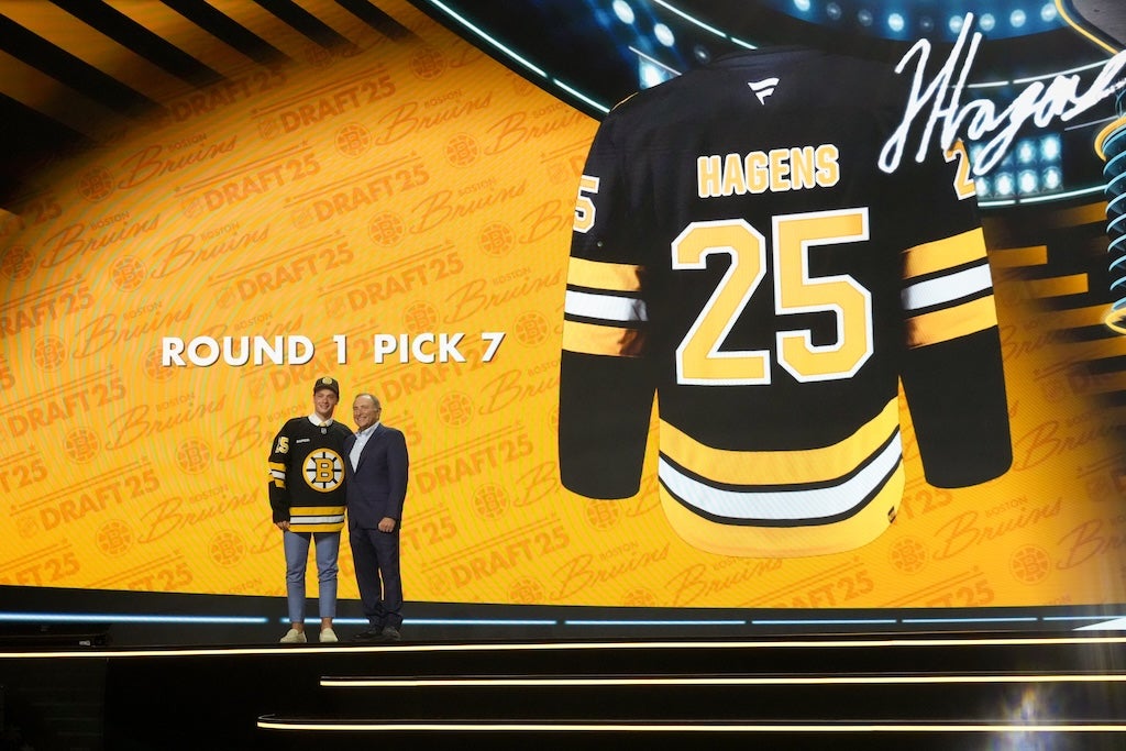 Jun 27, 2025; Los Angeles, California, USA; James Hagens is selected as the seventh overall pick to the Boston Bruins in the first round of the 2025 NHL Draft at Peacock Theater. Mandatory Credit: Kirby Lee-Imagn Images