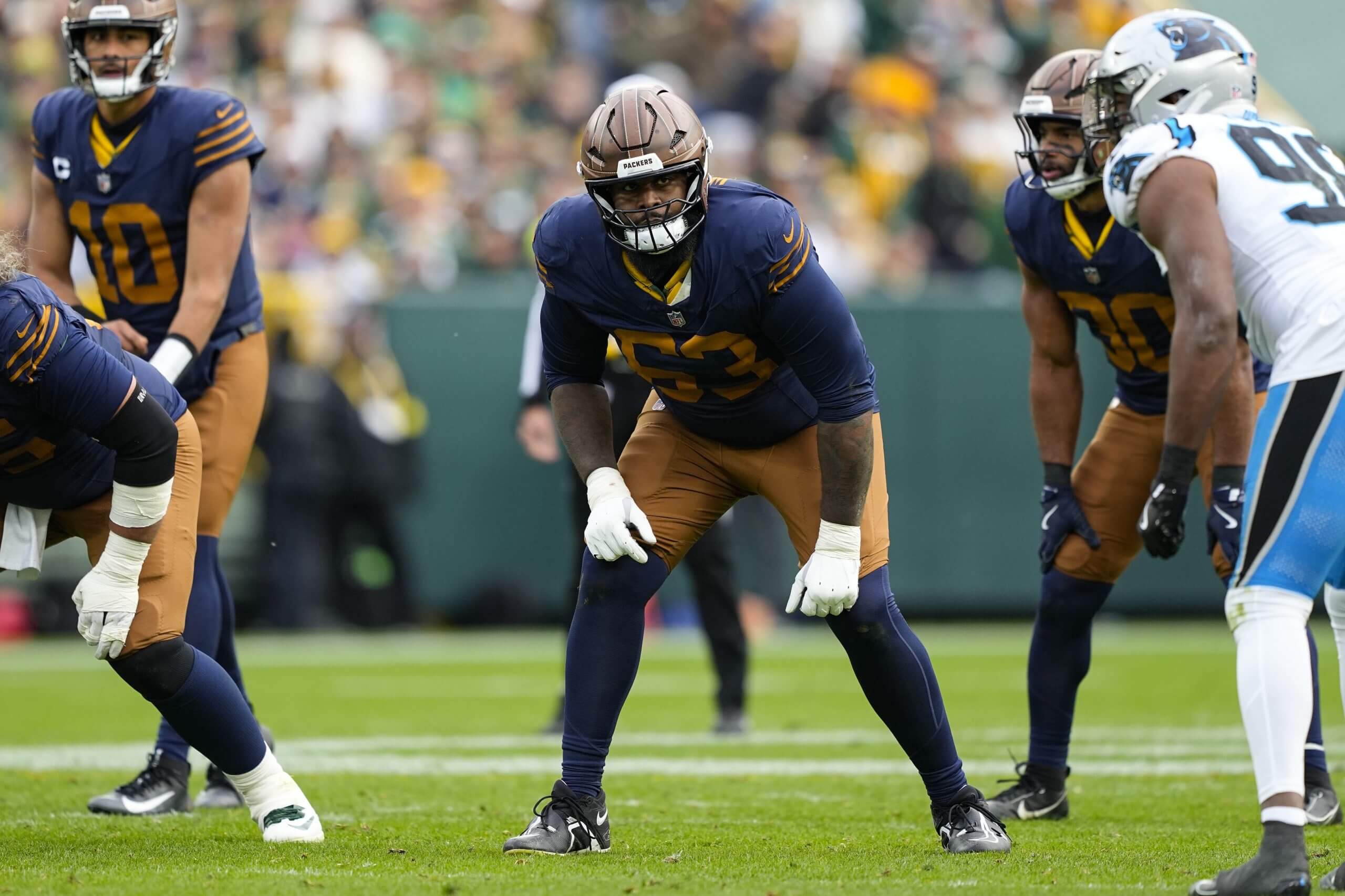 Green Bay Packers offensive tackle Rasheed Walker (63) during the game against the Carolina Panthers at Lambeau Field. 