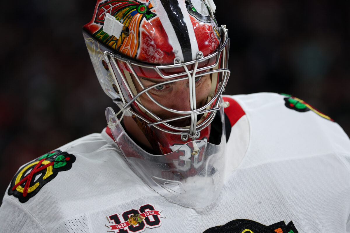 Jan 27, 2026; Saint Paul, Minnesota, USA; Chicago Blackhawks goaltender Spencer Knight (30) looks on during overtime against the Minnesota Wild at Grand Casino Arena. Mandatory Credit: Matt Krohn-Imagn Images