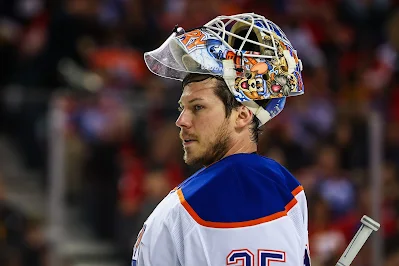 Edmonton Oilers goaltender Tristan Jarry during a stoppage in play