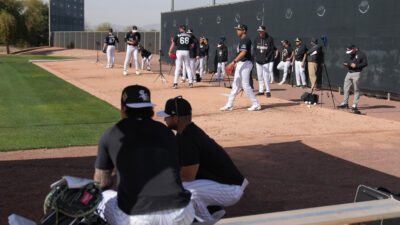 Feb 10, 2026; Glendale, AZ, USA; Chicago White Sox pitchers throw from the bullpen during spring training camp at Camelback Ranch.