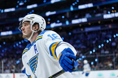 St. Louis Blues forward Robert Thomas reacts during 2026 game.