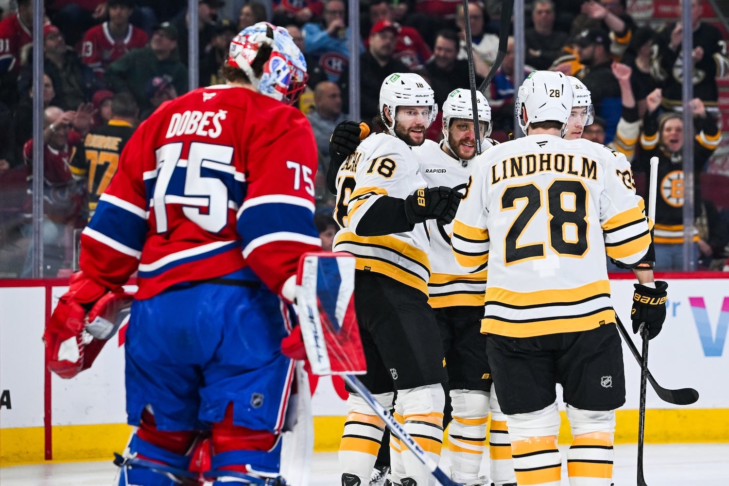 Mar 17, 2026; Montreal, Quebec, CAN; Boston Bruins center Pavel Zacha (18) celebrates with his teammates his goal against Montreal Canadiens goalie Jakub Dobes (75) during the first period at Bell Centre. Mandatory Credit: David Kirouac-Imagn Images