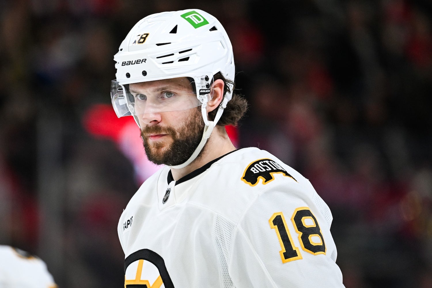 Mar 17, 2026; Montreal, Quebec, CAN; Boston Bruins center Pavel Zacha (18) looks on against the Montreal Canadiens during the second period at Bell Centre. Mandatory Credit: David Kirouac-Imagn Images