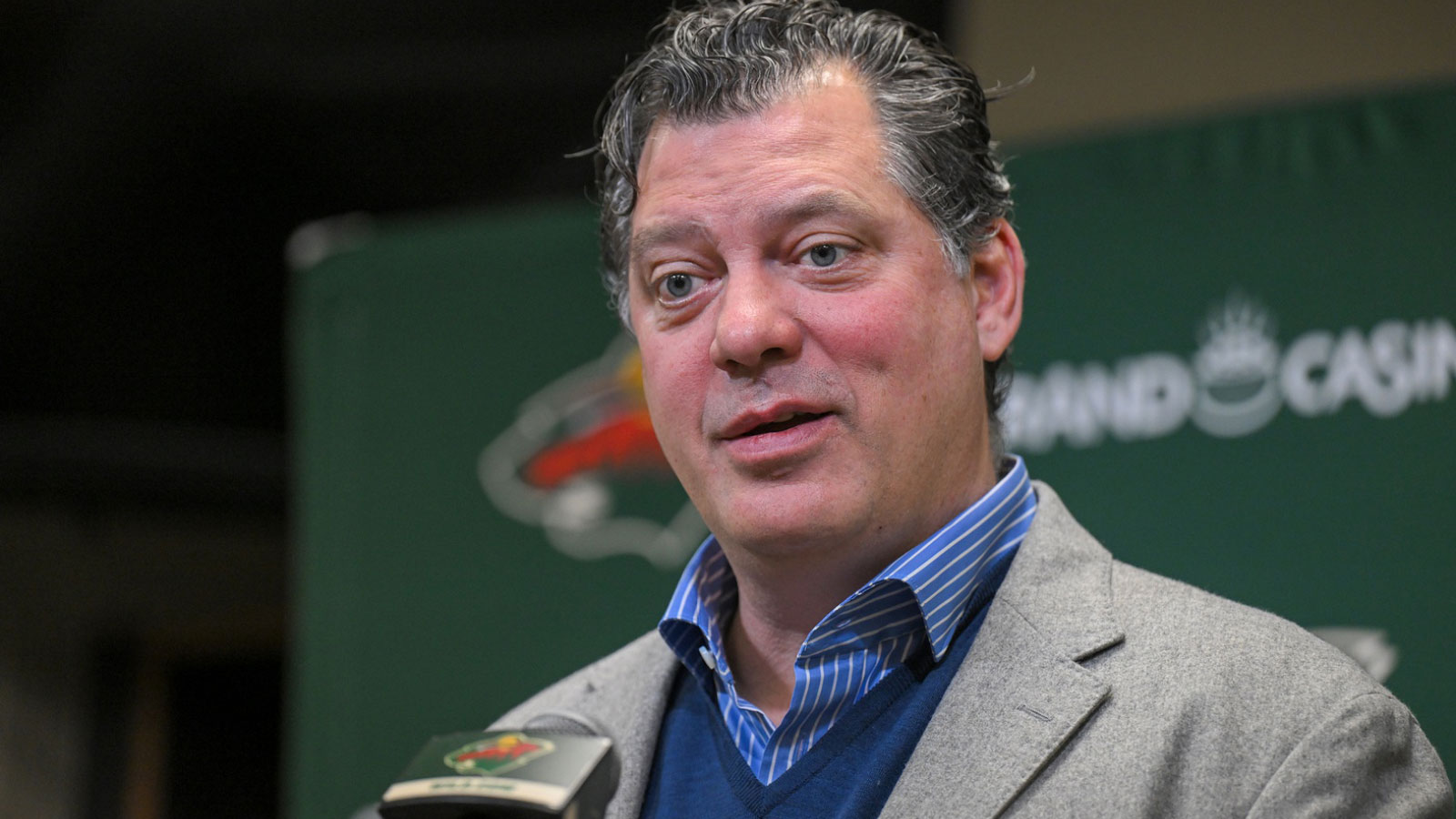 Minnesota Wild general manger Bill Guerin addresses the media about acquiring defensemen Quinn Hughes via trade from the Vancouver Canucks before a game against the Ottawa Senators at Grand Casino Arena.