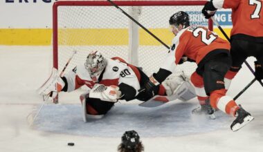 Flyers goaltender Dan Vladar dives on a loose puck in the second period of the Philadelphia Flyers vs. Boston Bruins NHL game at Xfinity Mobile Arena in Philadelphia on Saturday, Feb. 28, 2026
