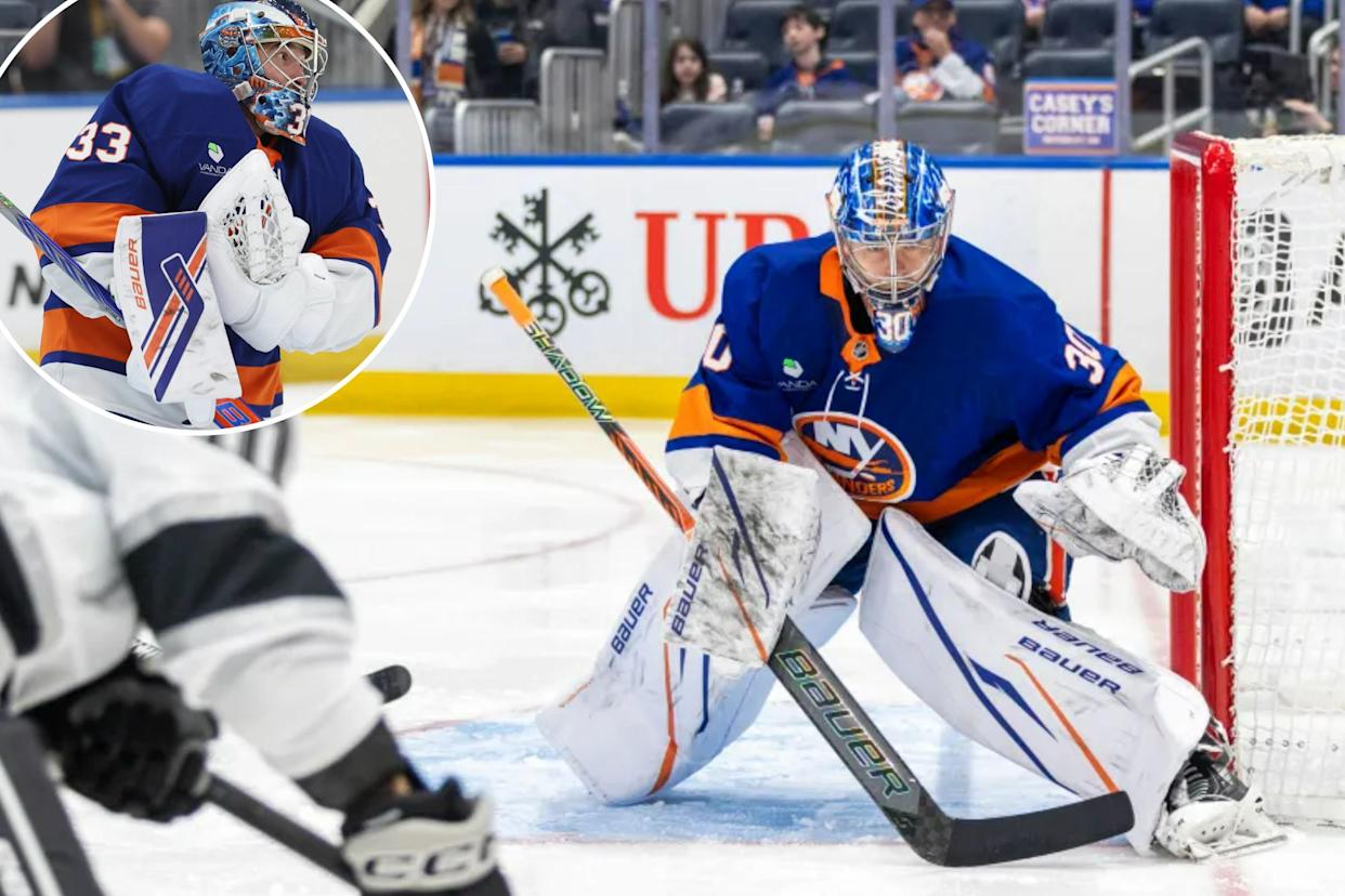 An image collage containing 2 images, Image 1 shows New York Islanders goalie Ilya Sorokin defends the net during a game against the Los Angeles Kings, Image 2 shows New York Islanders goaltender David Rittich (33) reacts after making a save