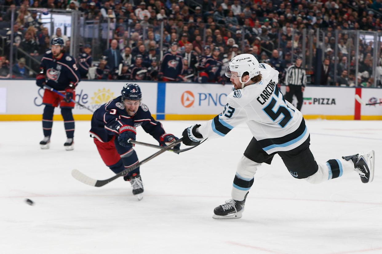 Mar 7, 2026; Columbus, Ohio, USA; Utah Mammoth left wing Michael Carcone (53) scores a goal on a wrist shot against the Columbus Blue Jackets during the first period at Nationwide Arena. Mandatory Credit: Russell LaBounty-Imagn Images