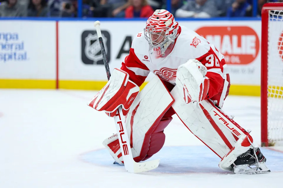 Detroit Red Wings goaltender John Gibson (36) looks on against the Tampa Bay Lightning in the third period at Benchmark International Arena in Tampa, Florida, on Thursday, March 12, 2026.
