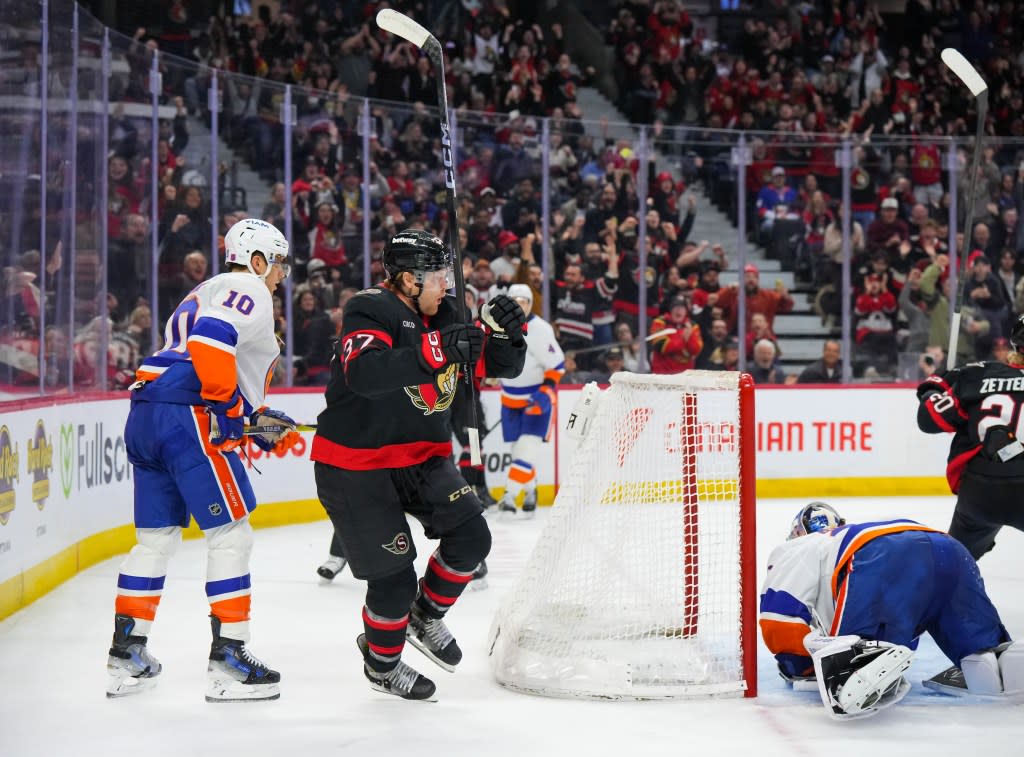 Warren Foegele celebrates after scoring the game-tying goal on Ilya Sorokin during the Islanders’ 3-2 loss to the Senators on March 19, 2026 at Canadian Tire Centre in Ontario. NHLI via Getty Images
