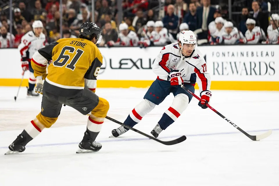 Washington Capitals center Dylan Strome (17) skates the puck into the Capitals’ zone during a NHL game between the Vegas Golden Knights and the Washington Capitals, Saturday March 28, 2026 in Las Vegas, Nev.