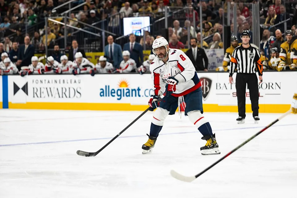 Washington Capitals left-wing Alex Ovechkin (8) looks for a teammate to pass the puck to during a NHL game between the Vegas Golden Knights and the Washington Capitals, Saturday March 28, 2026 in Las Vegas, Nev.