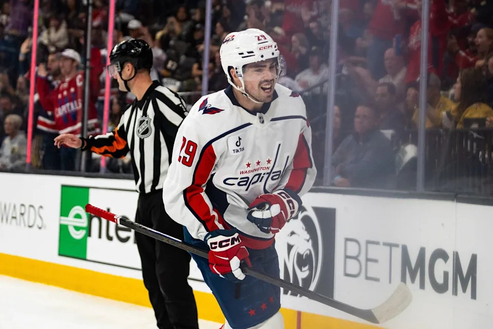 Washington Capitals center Hendrix Lapierre (29) celebrates after scoring during a NHL game between the Vegas Golden Knights and the Washington Capitals, Saturday March 28, 2026 in Las Vegas, Nev.