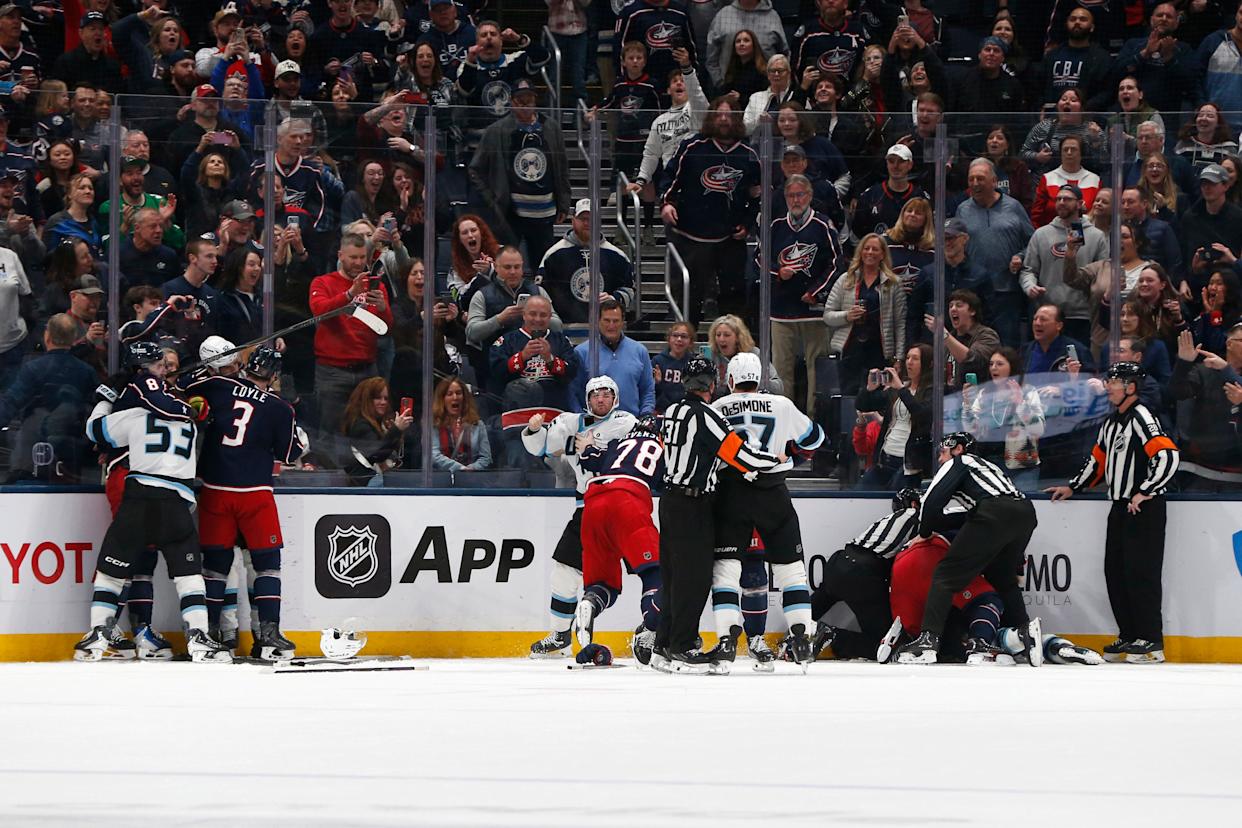 Mar 7, 2026; Columbus, Ohio, USA; A scrum breaks out between the Utah Mammoth and Columbus Blue Jackets during the third period at Nationwide Arena. Mandatory Credit: Russell LaBounty-Imagn Images