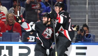 Buffalo Sabres left wing Jason Zucker (17) celebrates his goal with center Tage Thompson (72). (AP Photo/Jeffrey T. Barnes)