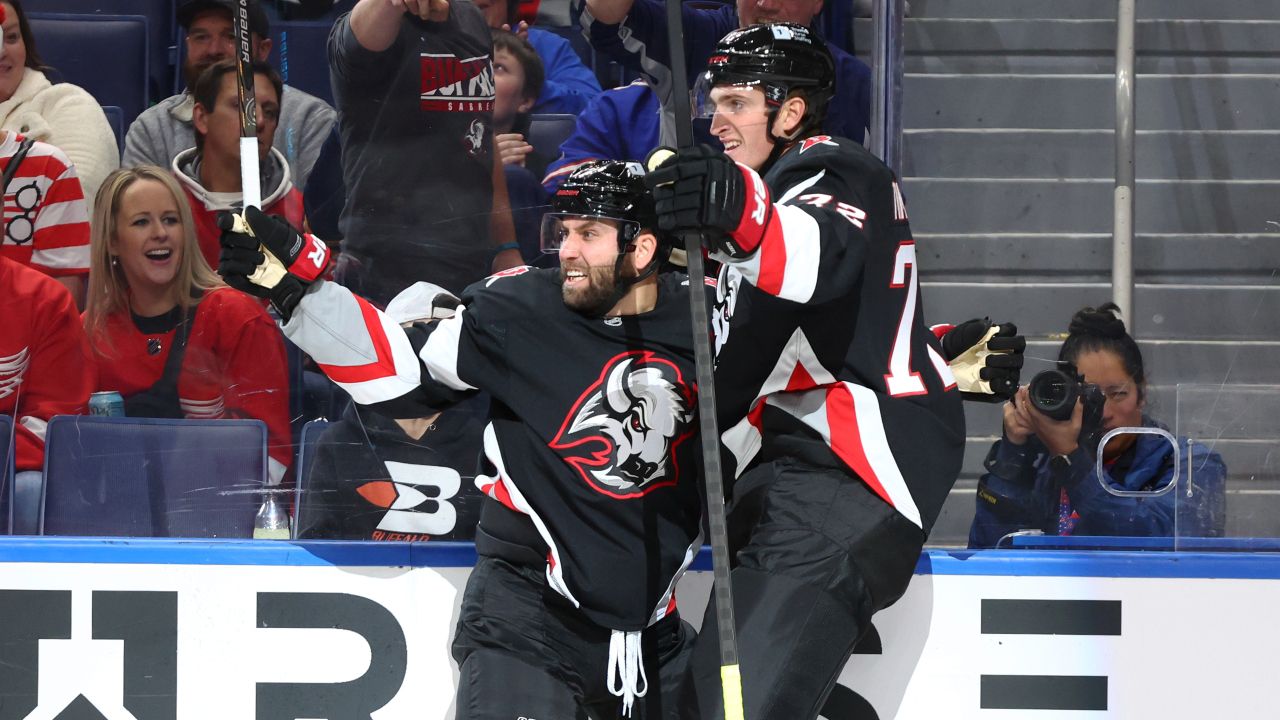 Buffalo Sabres left wing Jason Zucker (17) celebrates his goal with center Tage Thompson (72). (AP Photo/Jeffrey T. Barnes)