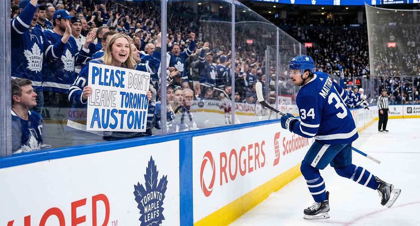 Toronto Maple Leafs fan behind glass at a hockey game holding a hand-drawn sign that says 'PLEASE DON'T LEAVE TORONTO AUSTON!' directed at Auston Matthews (#34) who is skating past on the ice.