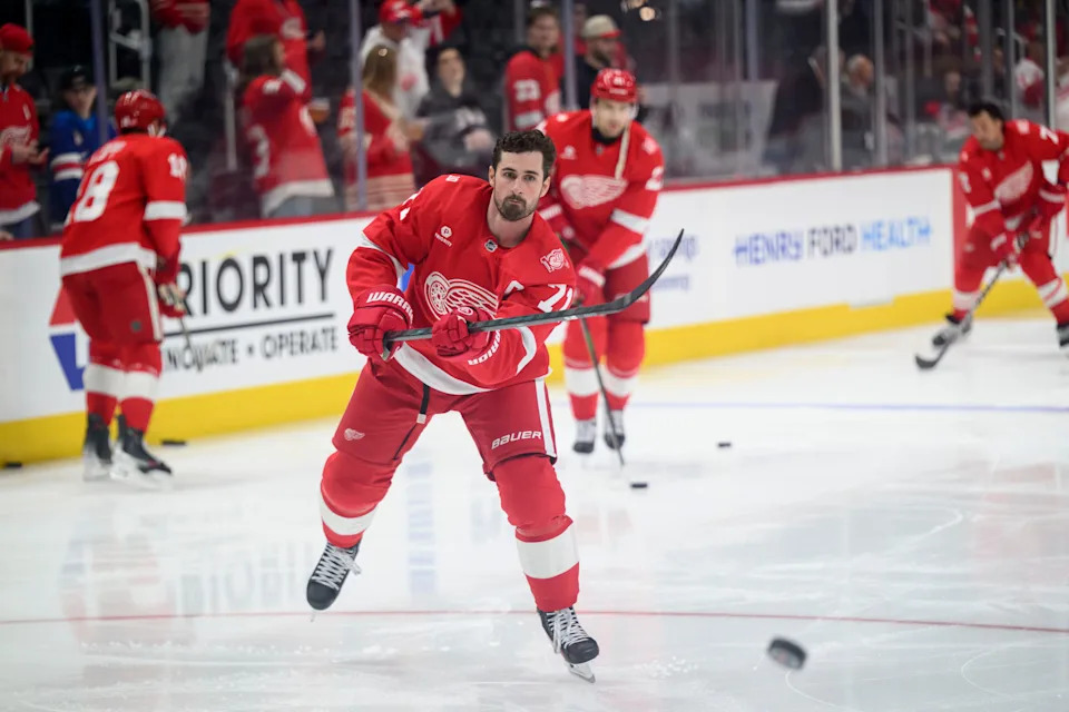 Detroit Red Wings captain Dylan Larkin takes part in pre-game warmup before the start of a game against the Ottawa Senators at Little Caesars Arena, in Detroit, March 24, 2026.