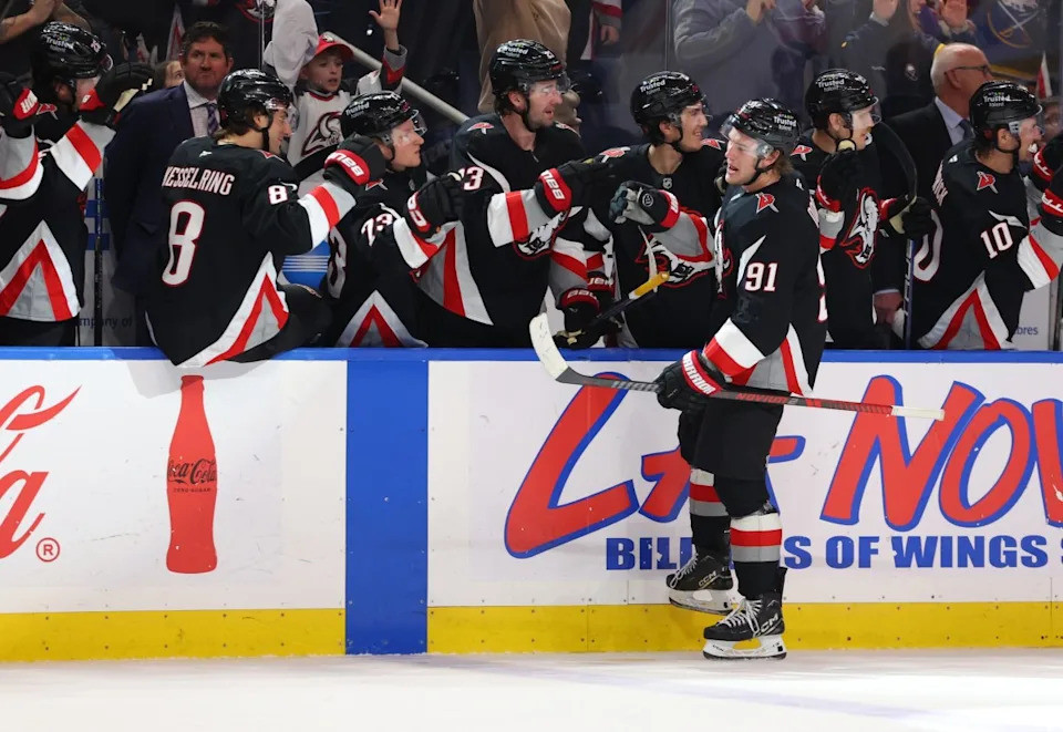 Mar 8, 2026; Buffalo, New York, USA; Buffalo Sabres right wing Josh Doan (91) celebrates his second goal of the game during the third period against the Tampa Bay Lightning at KeyBank Center. Mandatory Credit: Timothy T. Ludwig-Imagn Images