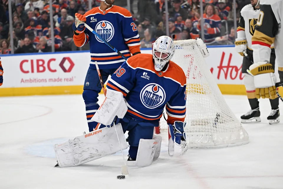 Edmonton Oilers goalie Connor Ingram (39) is seen out on the ice as the Edmonton Oilers take on the Vegas Golden Knights during the second period at Rogers Place. Walter Tychnowicz-Imagn Images