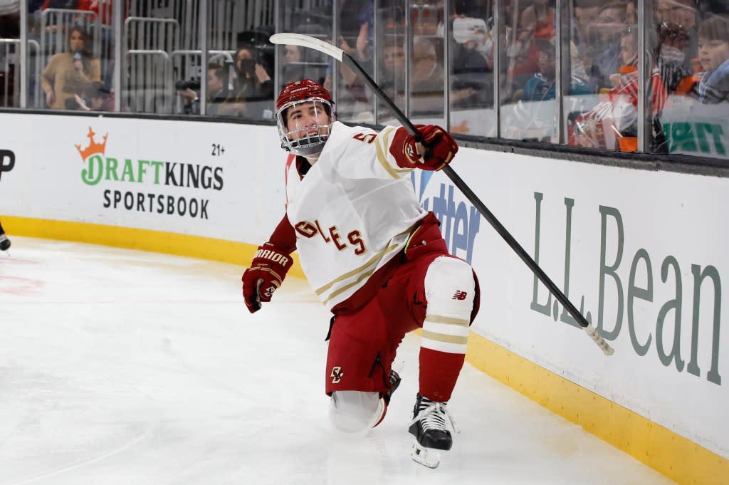 Drew Fortescue of the Boston College Eagles celebrates his goal against the Harvard Crimson in the first period during NCAA hockey in the semifinals of the annual Beanpot Hockey Tournament at TD Garden on February 2, 2026 in Boston, Massachusetts. Getty Images