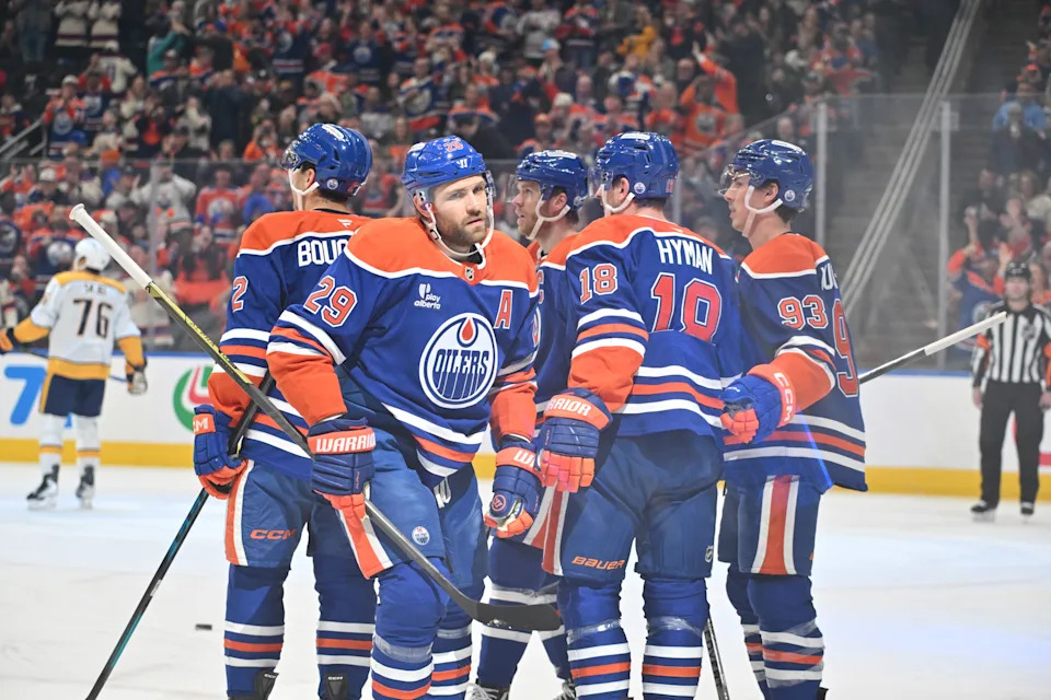 <p>Edmonton Oilers center Leon Draisaitl (29) and other Oilers’ players during the first period at Rogers Place. Mandatory Credit: Walter Tychnowicz-Imagn Images</p>