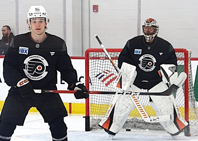 Flyers game-day morning skate Denver Barkey and Samuel Ersson.