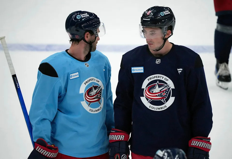 Columbus Blue Jackets center Boone Jenner (38) and Columbus Blue Jackets defenseman Zach Werenski (8) during training camp at Nationwide Arena on September 18, 2025.