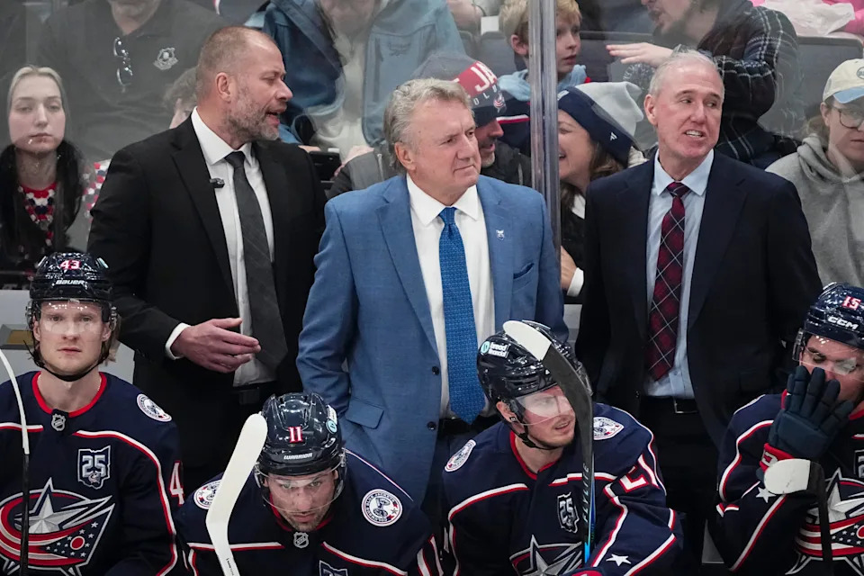 Columbus Blue Jackets head coach Rick Bowness watches from behind the bench during the second period of the NHL hockey game against the Boston Bruins at Nationwide Arena on March 29, 2026.