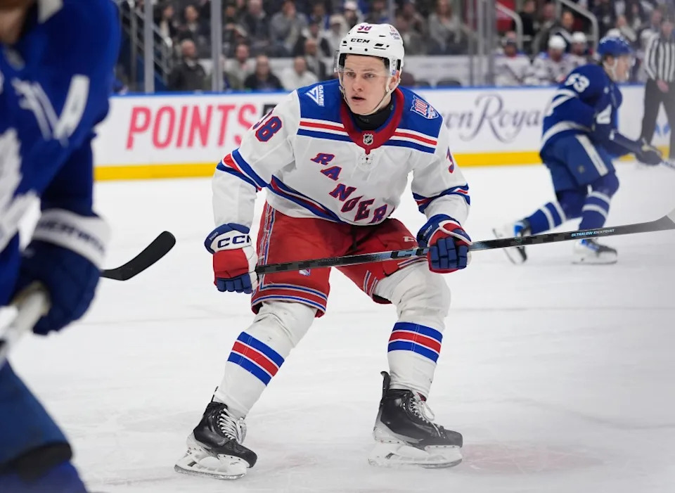 Adam Sykora skates during the second period of the Rangers’ 4-3 loss to the Maple Leafs at Scotiabank Arena on March 25, 2026. John E. Sokolowski-Imagn Images