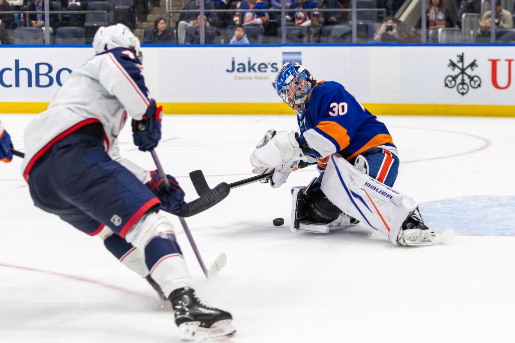 New York Islanders Goaltender Ilya Sorokin (30) blocks a shot during the second period against the Columbus Blue Jackets.