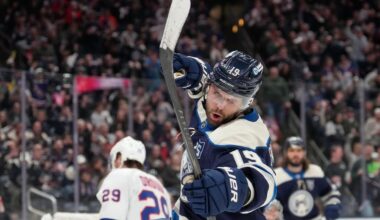 Columbus Blue Jackets center Adam Fantilli (19) celebrates after scoring in the second period of an NHL hockey game against the New York Islanders in Columbus, Ohio, Saturday, Feb. 28, 2026. (AP Photo/Sue Ogrocki)