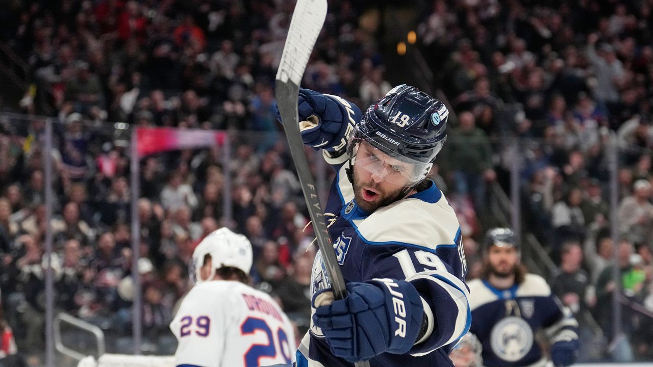 Columbus Blue Jackets center Adam Fantilli (19) celebrates after scoring in the second period of an NHL hockey game against the New York Islanders in Columbus, Ohio, Saturday, Feb. 28, 2026. (AP Photo/Sue Ogrocki)