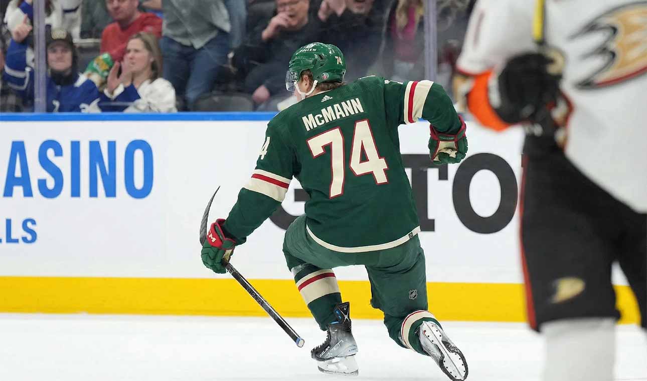 Bobby McMann of the Toronto Maple Leafs skating on the ice in a mock-up Minnesota Wild jersey is subject of recent NHL trade rumors involving the Wild.