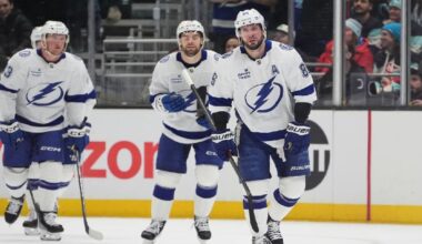 Tampa Bay Lightning right wing Nikita Kucherov skates to greet the bench after scoring against the Seattle Kraken during the first period of an NHL hockey game Tuesday, March 17, 2026, in Seattle. (AP Photo/Lindsey Wasson)