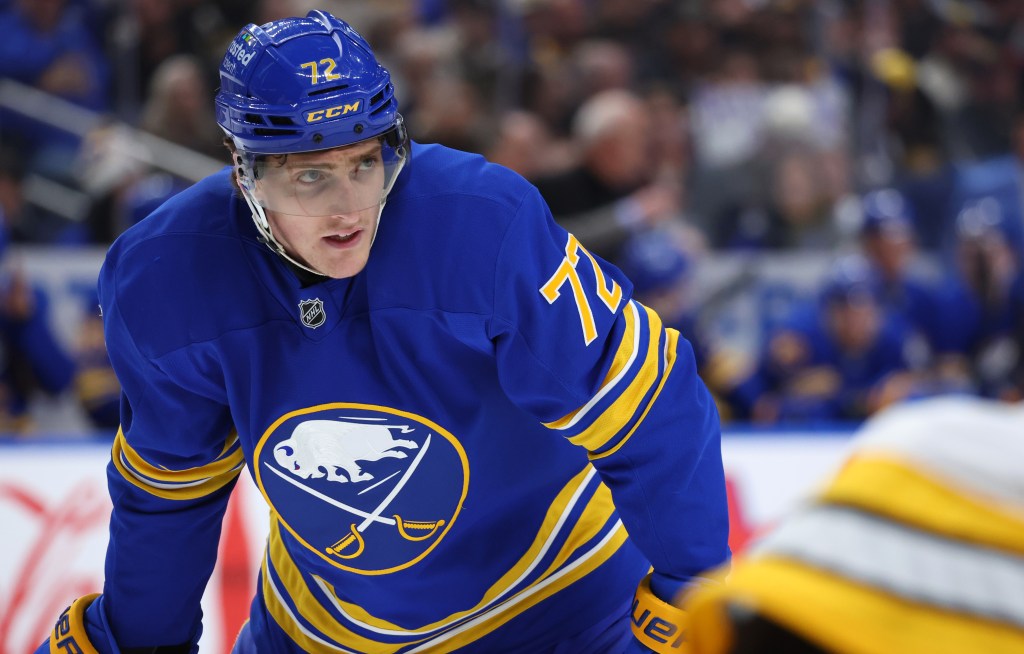 Buffalo Sabres center Tage Thompson (72) waits for the face-off.