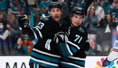 Celebrini surpasses 100 points, Sharks defeat Blues on Gaudette's late goal