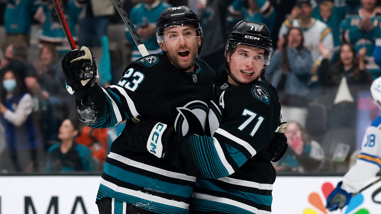 Celebrini surpasses 100 points, Sharks defeat Blues on Gaudette's late goal
