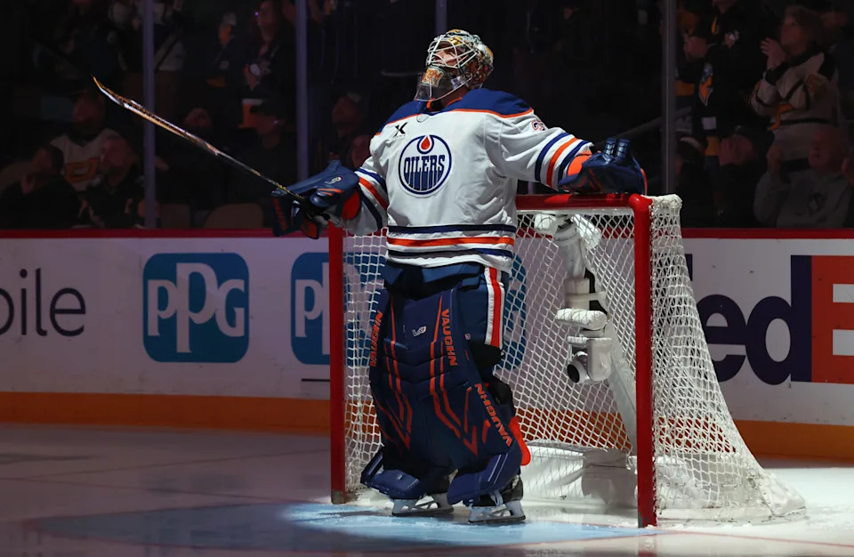 <p>Edmonton Oilers goaltender Tristan Jarry (35) looks up during player introductions against the Pittsburgh Penguins during the first period at PPG Paints Arena. Mandatory Credit: Charles LeClaire-Imagn Images</p>