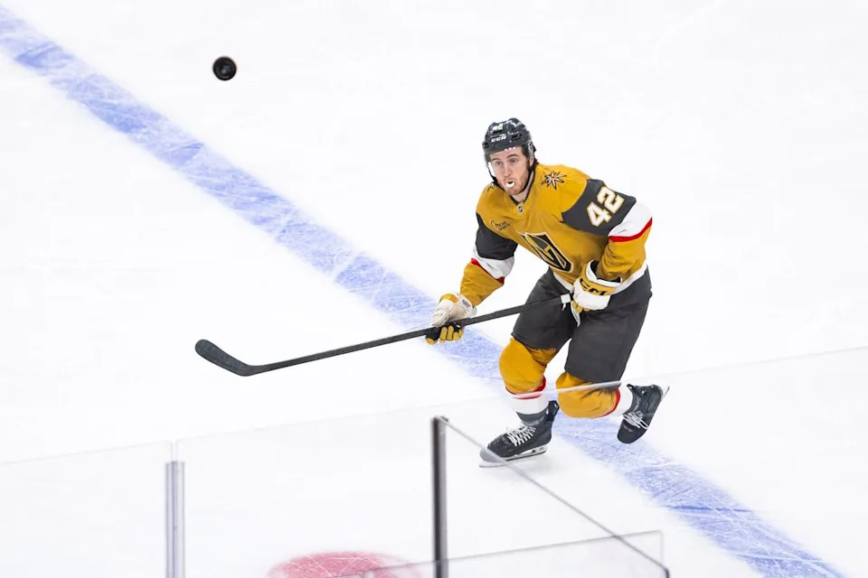 Vegas Golden Knights right-wing Braeden Bowman (42) looks at a deflected puck during a NHL game between the Vegas Golden Knights and the Minnesota Wild, Friday March 6, 2026 in Las Vegas, Nev.